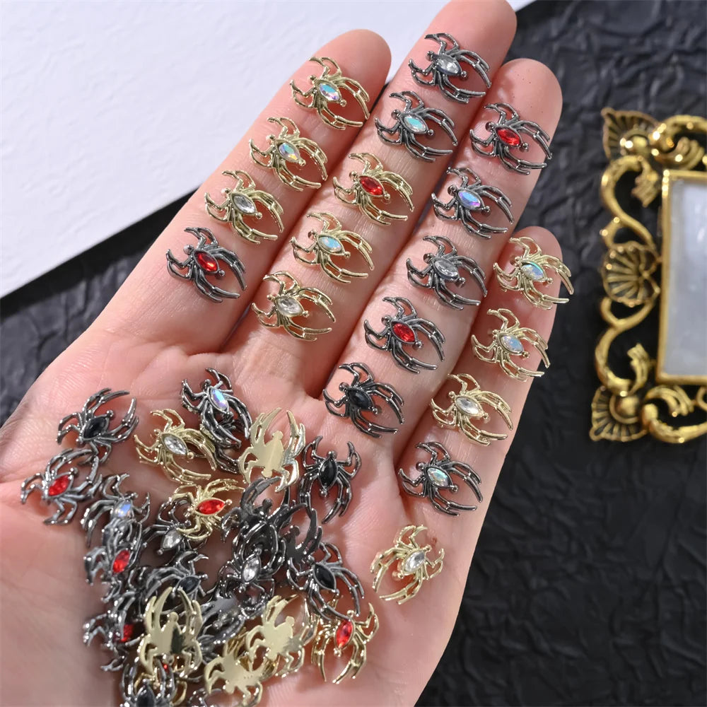 10pcs Halloween Spider Rhinestone 3D Alloy Retro Punk Spider Nail Charms Halloween Nail Art Jewelry Gems for Manicure Decoration