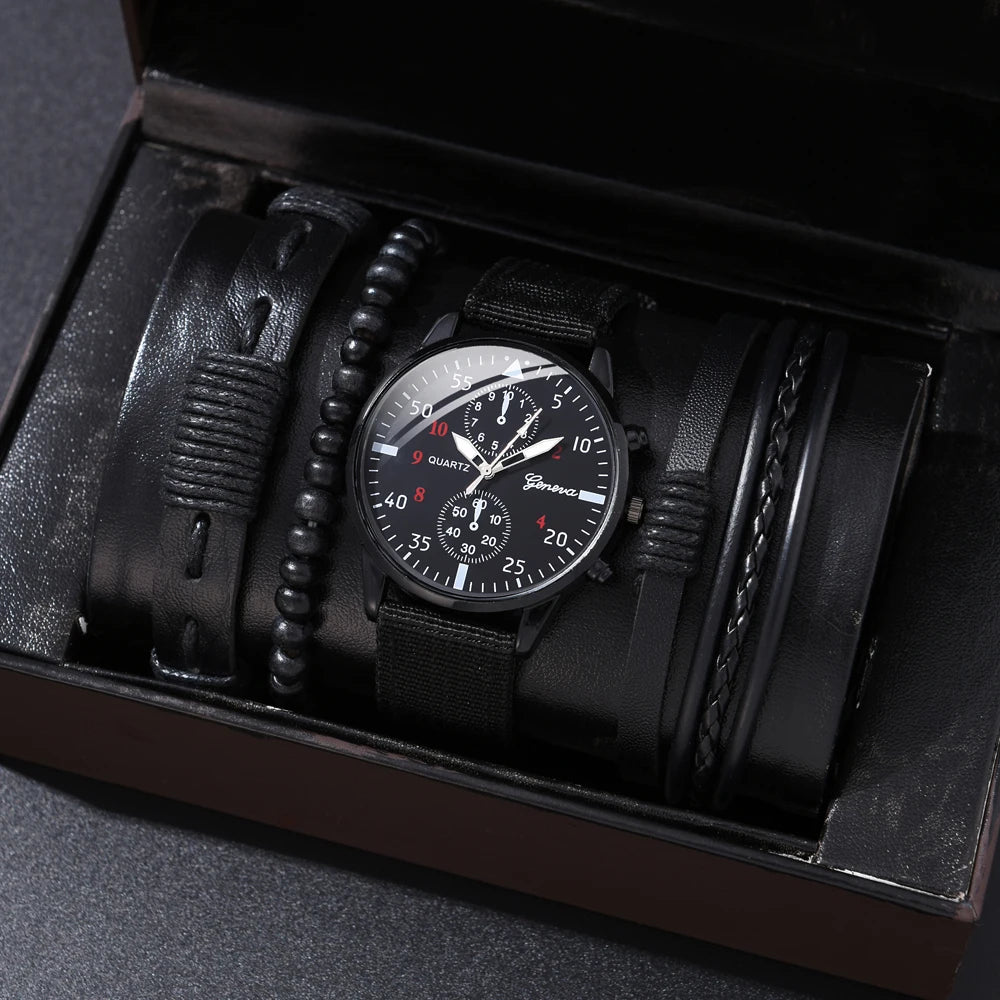 New Men's Watch Luxury Bracelet Multi Piece Set Fashion Business Black Leather Quartz Watch Men's Gift Set Reno Masculino