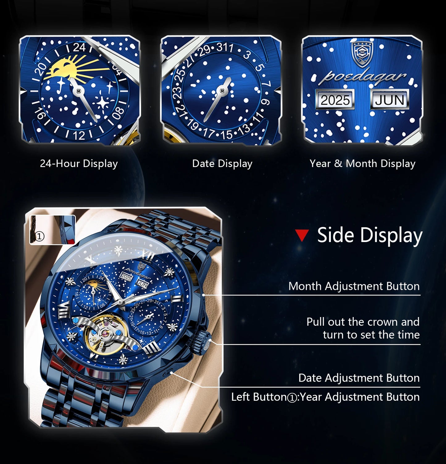 POEDAGAR Luxury Men Wristwatch Fashion Date Hollow Tourbillon Man Clock Automatic Mechanical Stainless Steel Men's Watches Reloj
