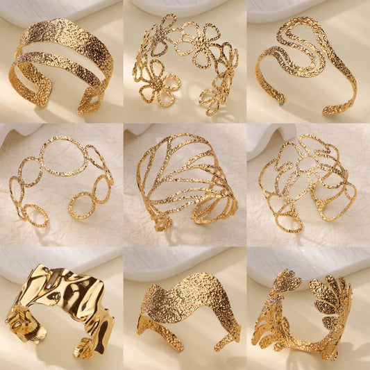 Stainless Steel Bracelet For Women Men Aesthetic Flower Leaf Bangle Opening Gold Color Geometric Bangles Bracelets Femme Jewelry