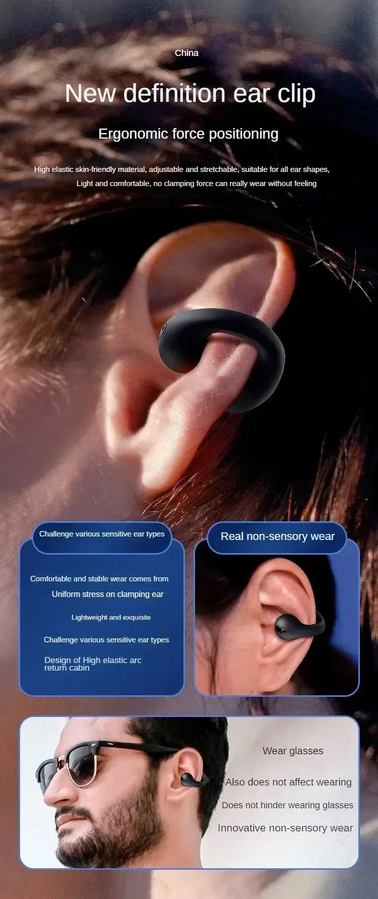 Bluetooth Headset 5.3 Wireless Bone Conduction Headphones Clip Ear Music Noise Canceling HD Call Sports Gaming Earphone