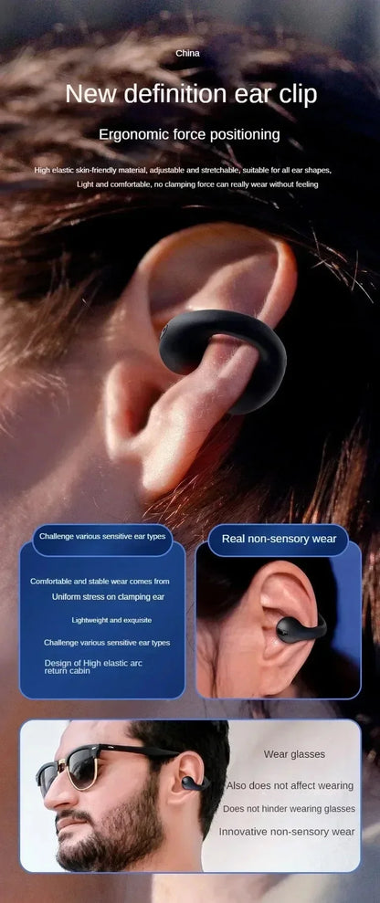 Bluetooth Headset 5.3 Wireless Bone Conduction Headphones Clip Ear Music Noise Canceling HD Call Sports Gaming Earphone