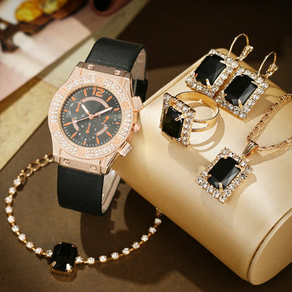6pcs women's exquisite, small and cute watch + bracelet + ring + earrings set, holiday gift birthday gift