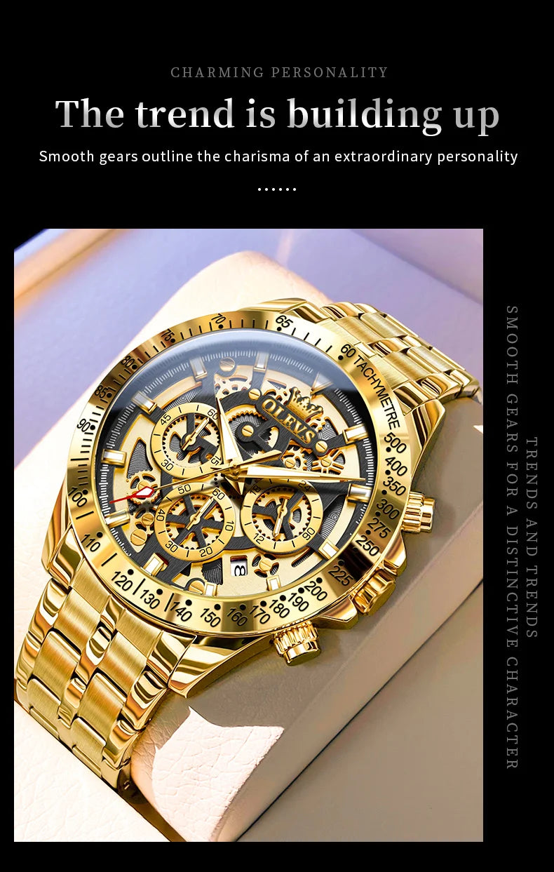 OLEVS Lxuxry Brand Gold Men's Watches Full Skeleton Stainless steel Chronograph Wristwatch Waterproof Luminous Quartz Watch Men