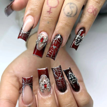 24pcs Punk Metal Style Halloween Fake Nails Long Press On Nails With 3D Silver Spider Decor Ballerina Spider Web False Nails Art