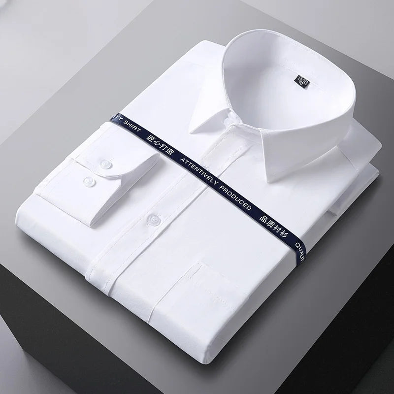 Men Formal Shirt Long Sleeve Office Solid Color Anti-Wrinkle Fashion Business Pocket White Social Pocket OfficeWhite Shirt S-5XL