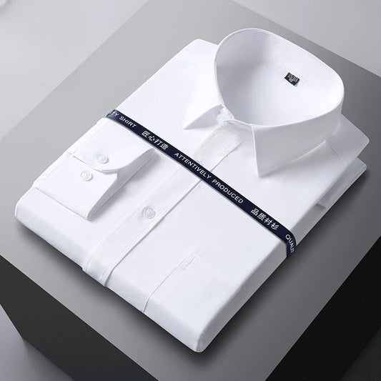 Men Formal Shirt Long Sleeve Office Solid Color Anti-Wrinkle Fashion Business Pocket White Social Pocket OfficeWhite Shirt S-5XL