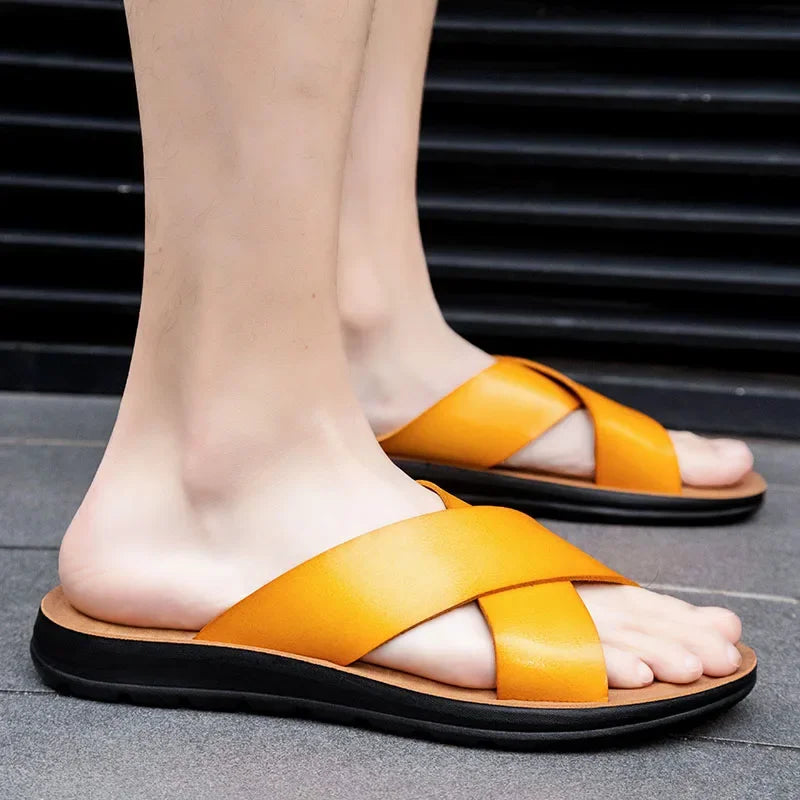 Men Shoes New  Summer Shoes Italian Leather Slippers Men High Quality Size 38-47 Beach Slip on Flats Man Flip Flops Mens Sandals