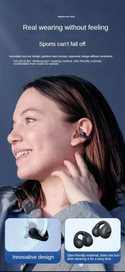 Bluetooth Headset 5.3 Wireless Bone Conduction Headphones Clip Ear Music Noise Canceling HD Call Sports Gaming Earphone