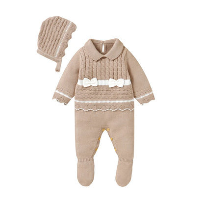 Newborn Baby Rompers Knit Foot Wrapping Toddler Kid Clothing Hat 0-9M Overalls Fashion Tie 2PCS Infant Girl Jumpsuit Long Sleeve
