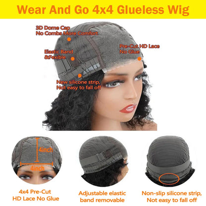 Short Bob Glueless Wigs Deep Wave Glueless Human Hair Ready To Wear 180% Pre Cut Lace 4x4 13x4 Culry Lace Front Human Hair Black