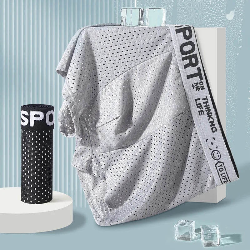 Breathable Mesh Youth Boxer Shorts Letter Print Belt Mens Underwear UltraThin Quick Drying Underpants Seamless Male Boxer Briefs