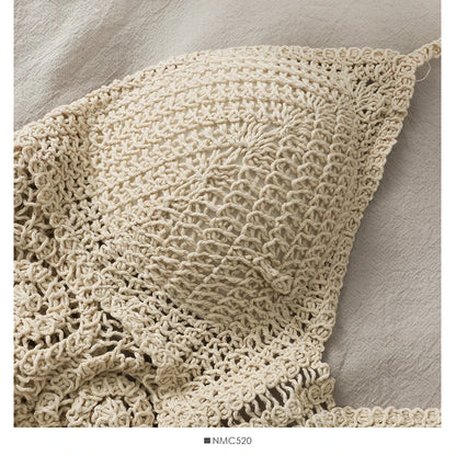 Women Beach Crop Tops Hollow Cover-Ups Perspective Tassel Sexy Spaghetti Strap Tank Tops Built In Bra Backlless Halter Neck