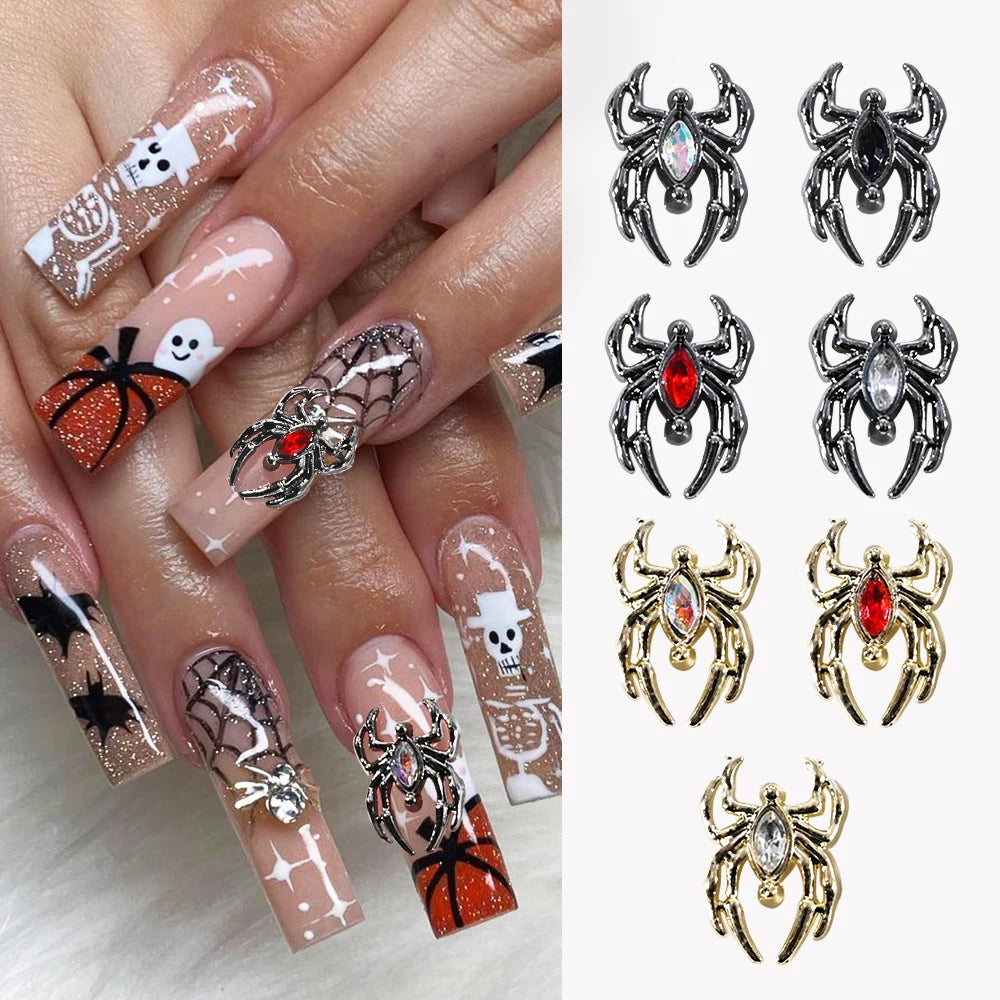 10pcs Halloween Spider Rhinestone 3D Alloy Retro Punk Spider Nail Charms Halloween Nail Art Jewelry Gems for Manicure Decoration