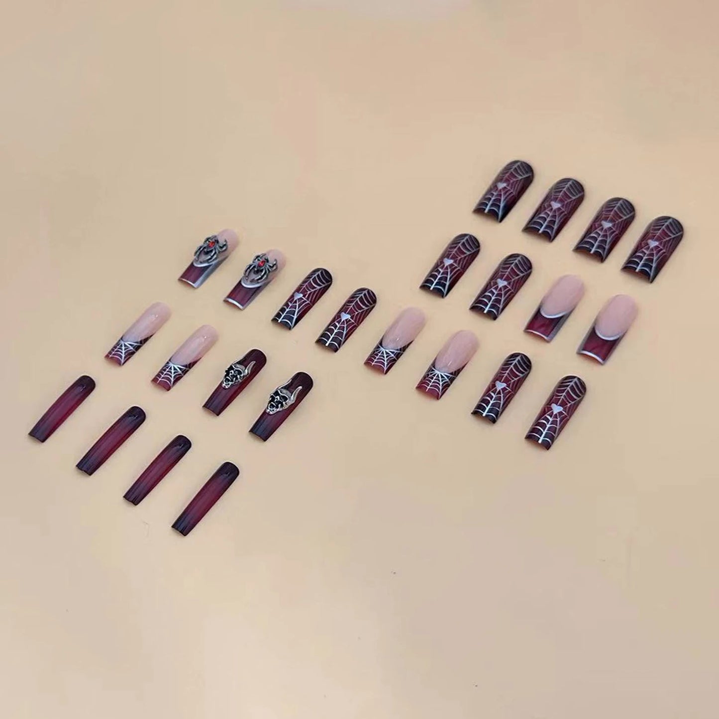 24pcs Punk Metal Style Halloween Fake Nails Long Press On Nails With 3D Silver Spider Decor Ballerina Spider Web False Nails Art