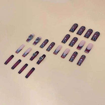 24pcs Punk Metal Style Halloween Fake Nails Long Press On Nails With 3D Silver Spider Decor Ballerina Spider Web False Nails Art