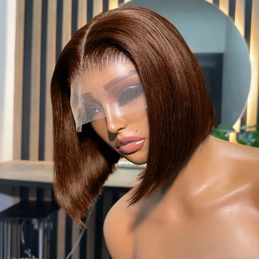 Brazilian 200 Density Short Bob 13x4 HD Transparent Lace Front Human Hair Wig Chocolate Brown Straight 13x5 Lace Frontal Wigs