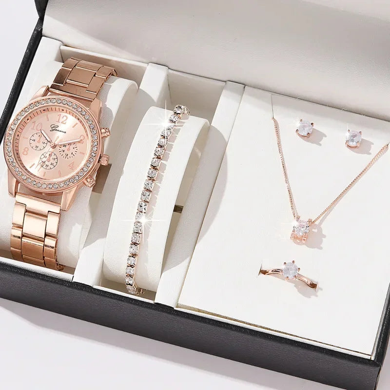 6pcs/set Jewelry Sets Women Quartz Watch Luxury with Stainless Steel Strap Clock Rhinestone Ring Necklace Earrings (no Box)