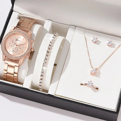 6pcs/set Jewelry Sets Women Quartz Watch Luxury with Stainless Steel Strap Clock Rhinestone Ring Necklace Earrings (no Box)
