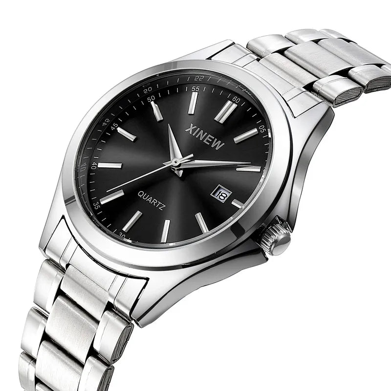 Genuine XINEW Brand Men Watches Students Fashion Casual Full Stainless Steel Band Simple Date Quartz Wrist Vintage Watch Silver