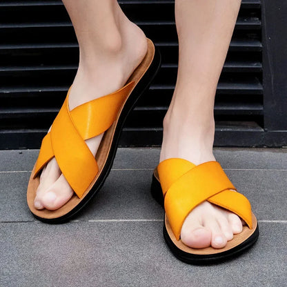Men Shoes New  Summer Shoes Italian Leather Slippers Men High Quality Size 38-47 Beach Slip on Flats Man Flip Flops Mens Sandals
