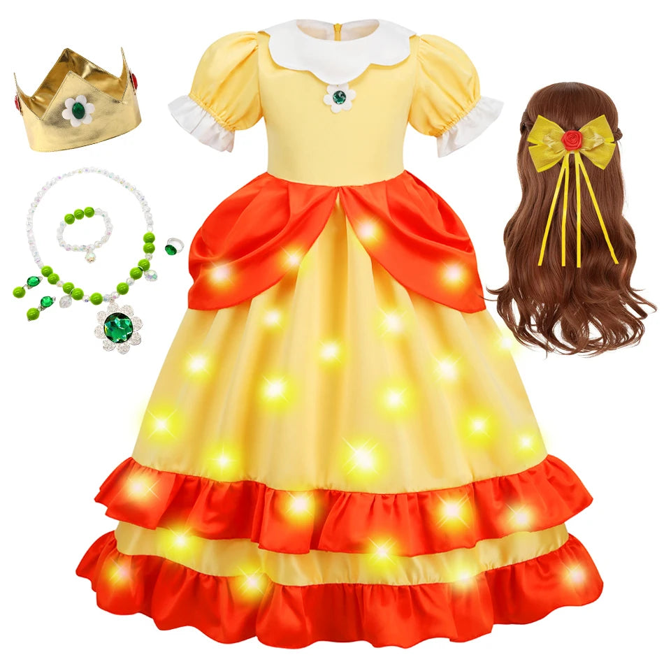 Game Princess Daisy Cosplay Costume Girls Cute Lolita LED Light Flashing Dress Fancy Halloween Carnival Wig Uniforms Clothing