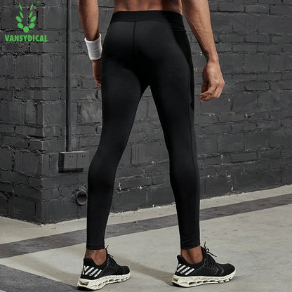 VANSYDICAL Compression Pants Men Running Tights with Reflective Striped Basketball Legging Workout Elastic Waist Trousers Men