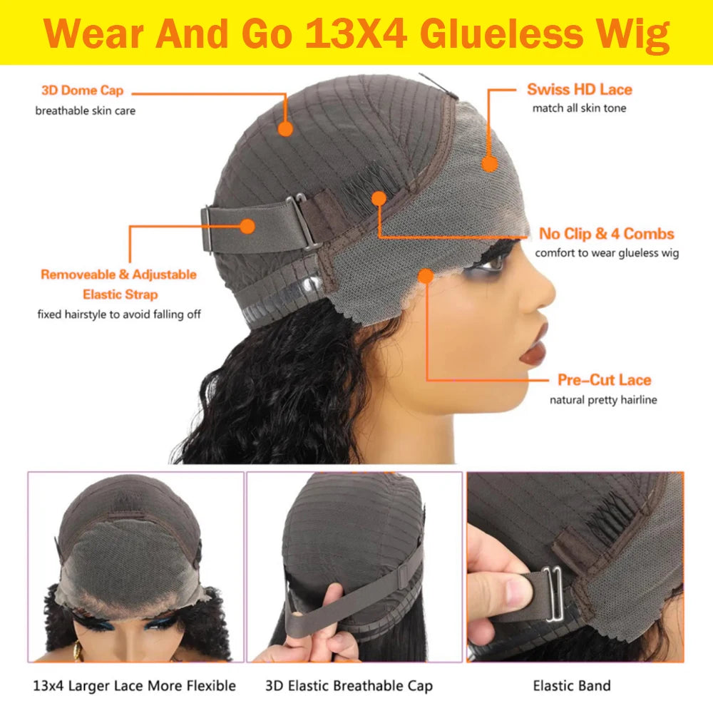 Short Bob Glueless Wigs Deep Wave Glueless Human Hair Ready To Wear 180% Pre Cut Lace 4x4 13x4 Culry Lace Front Human Hair Black