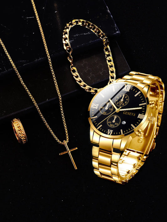 4pcs Gold Alloy Roman Quartz Watch with Calendar and Cross Necklace Ring Set for Men