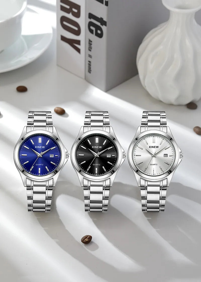 Genuine XINEW Brand Men Watches Students Fashion Casual Full Stainless Steel Band Simple Date Quartz Wrist Vintage Watch Silver