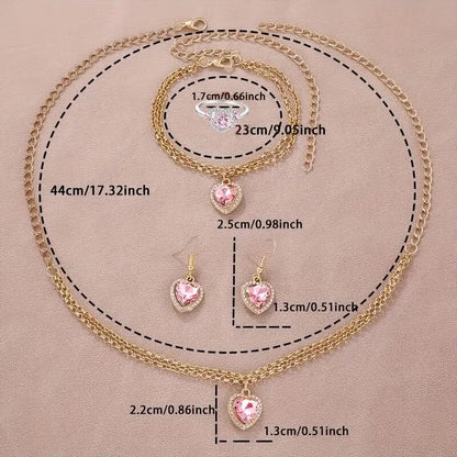 6pcs Women's Watch Rhinestone Heart Pointer Quartz Watch Cute Bracelet Wrist Watch & Jewelry Set, Gift For Her