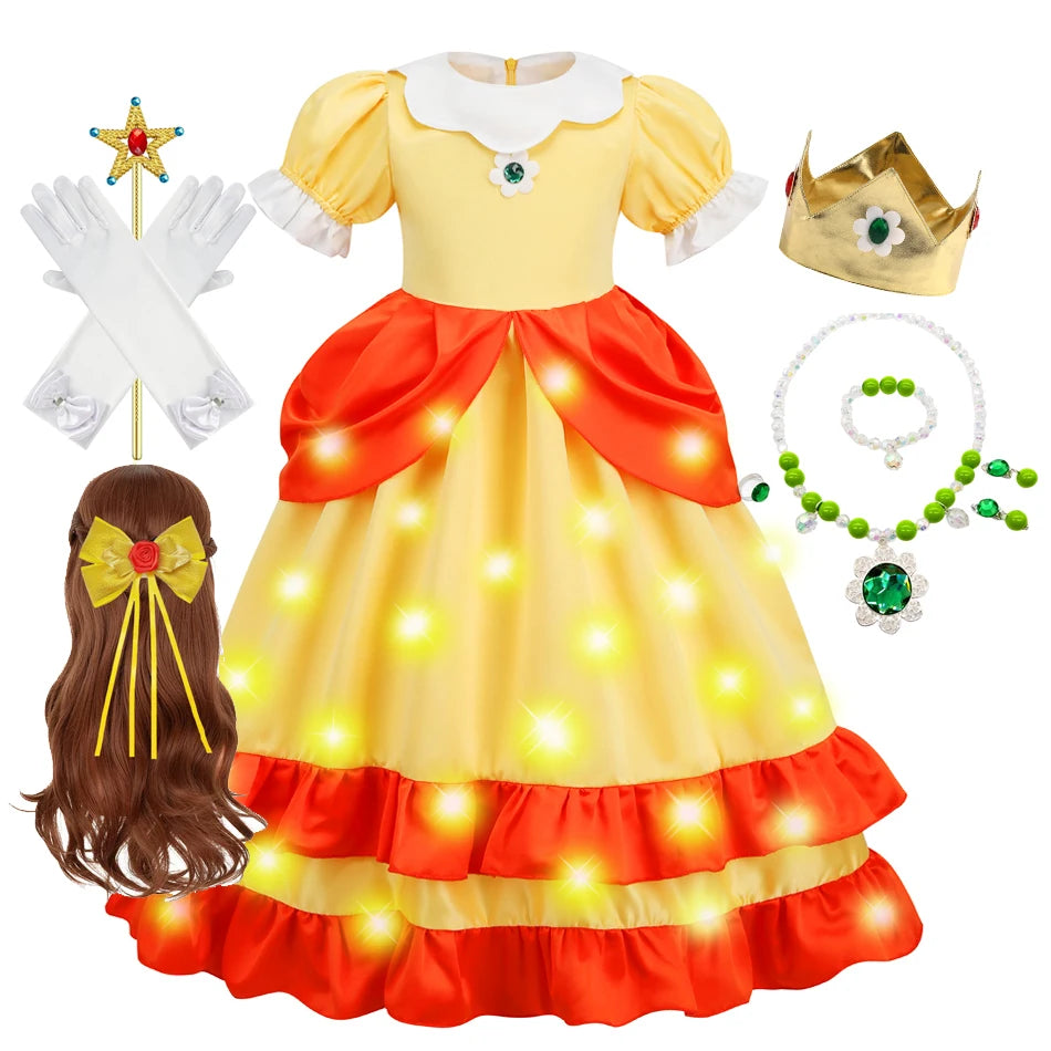 Game Princess Daisy Cosplay Costume Girls Cute Lolita LED Light Flashing Dress Fancy Halloween Carnival Wig Uniforms Clothing