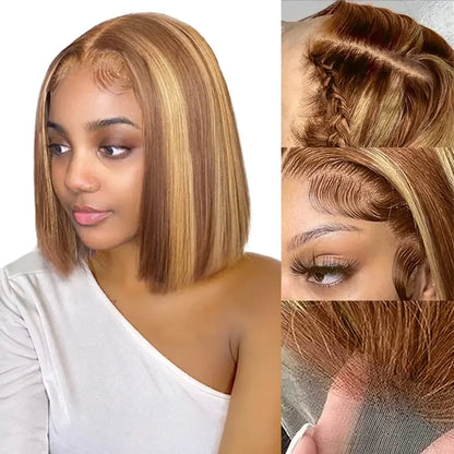 Ombre Straight Bob 13x6X2 Lace Front Wigs Human Hair Short Bob Wigs Ash Blonde Remy Hair Pre Plucked Glueless Wig with Bangs