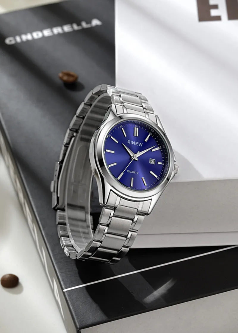 Genuine XINEW Brand Men Watches Students Fashion Casual Full Stainless Steel Band Simple Date Quartz Wrist Vintage Watch Silver