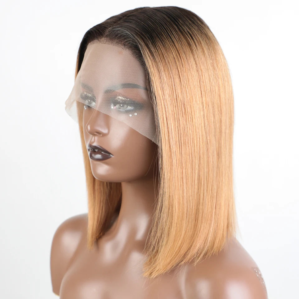 Lekker Ombre Blonde Short Straight Bob 13x1 T Lace Front 100% Human Hair Wigs For Women Glueless Brazilian Remy Hair Colored Wig