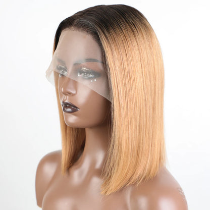 Lekker Ombre Blonde Short Straight Bob 13x1 T Lace Front 100% Human Hair Wigs For Women Glueless Brazilian Remy Hair Colored Wig