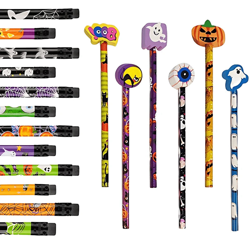 12~36pcs Halloween Style Pencils Random Design HB Pencil Cartoon Eraser Halloween Themed Stationery Students Gift Boys Girls ZYF