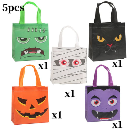 5 PCS Halloween Non-Woven Treat Bags Pumpkin Ghost Bat Mummy Monster Cat  Pattern Totes Bag Trick or Treat Halloween Party Favor