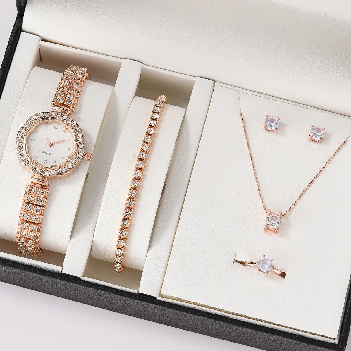 6pcs/set Jewelry Sets Women Quartz Watch Luxury with Stainless Steel Strap Clock Rhinestone Ring Necklace Earrings (no Box)