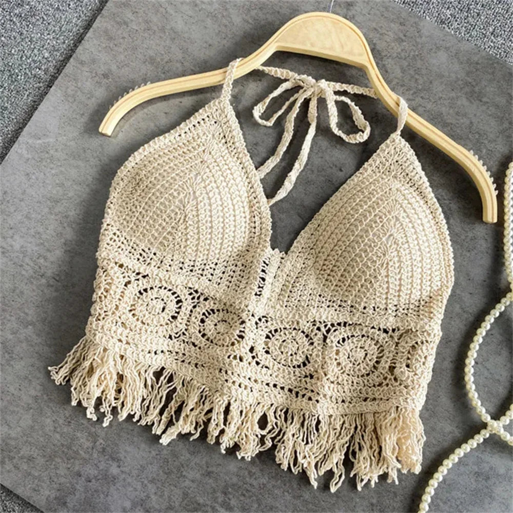 Sexy Y2K Streetwear Knit Backless Boho Crop Tops Women Summer Beach Hollow Out Crochet Tassels Hem Halter Bras Bustier Tank Top