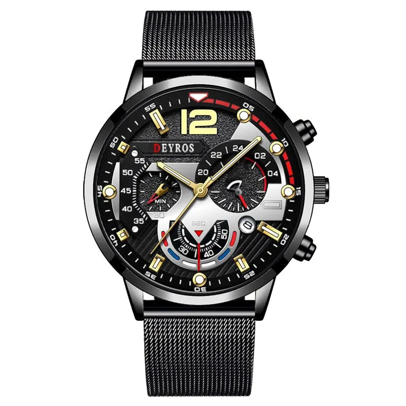 2023 Fashion Mens Business Watches Luxury Stainless Steel Mesh Belt Quartz Wrist Watch Luminous Clock Men Casual Calendar Watch