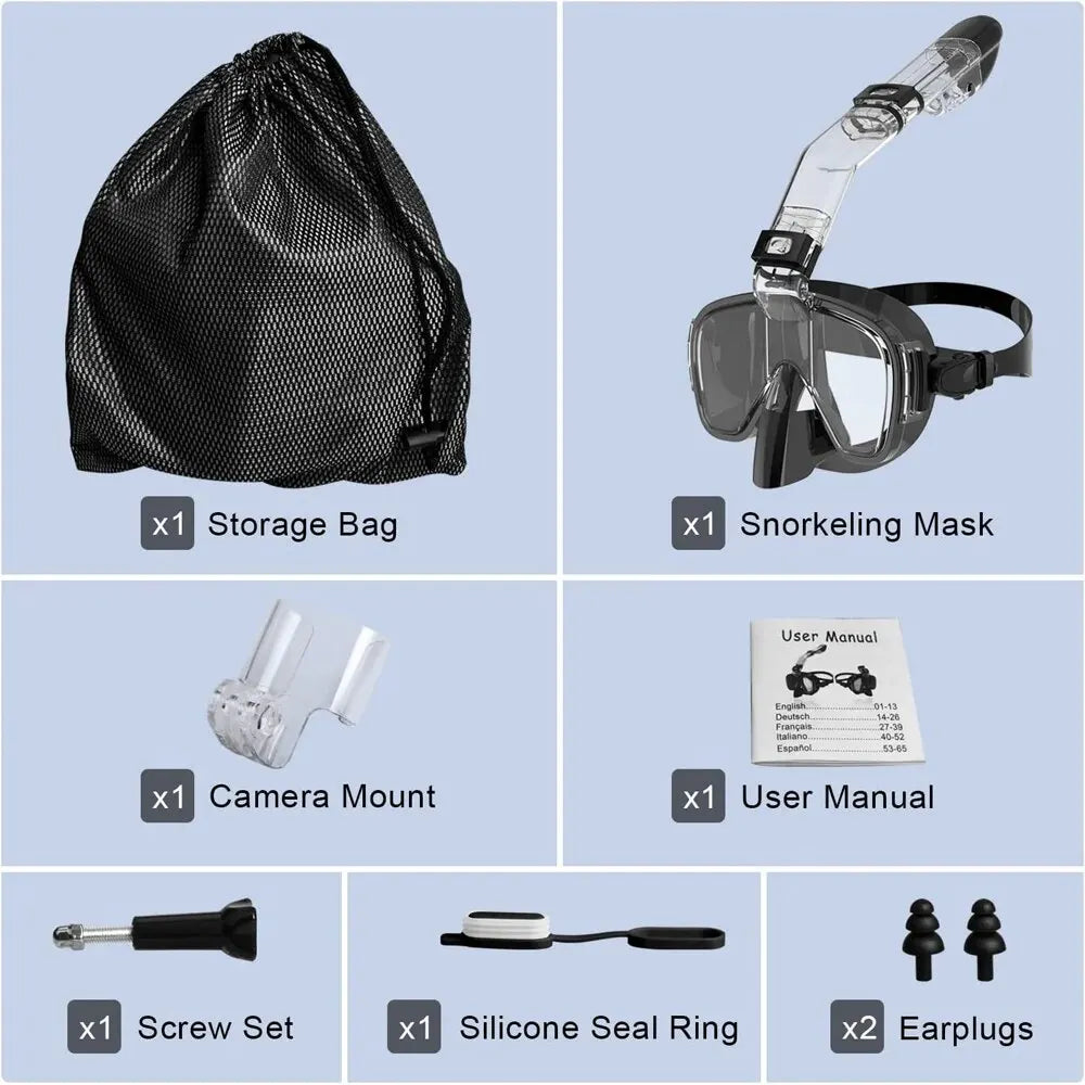 Diving Masks Foldable Anti-Fog Snorkel Mask Set with Full Dry Top System for Free Swim Professional Snorkeling Gear Adults Kids