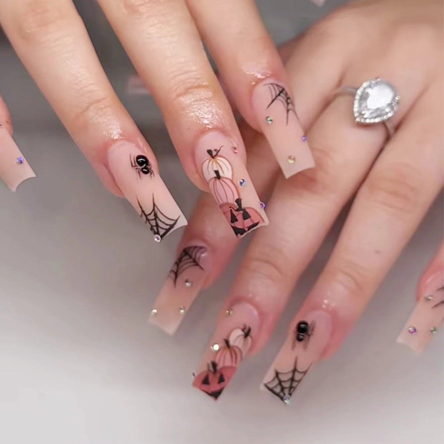 24pcs Punk Metal Style Halloween Fake Nails Long Press On Nails With 3D Silver Spider Decor Ballerina Spider Web False Nails Art