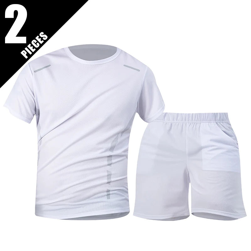 2-Piece Men's Summer Quick drying Sports Suit Loose And Breathable Short Sleeved T-shirt Running And Fitness Black Pocket Shorts