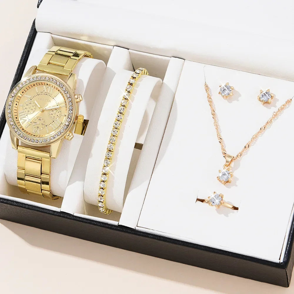 6pcs/set Jewelry Sets Women Quartz Watch Luxury with Stainless Steel Strap Clock Rhinestone Ring Necklace Earrings (no Box)