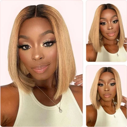 Ombre Straight Bob 13x6X2 Lace Front Wigs Human Hair Short Bob Wigs Ash Blonde Remy Hair Pre Plucked Glueless Wig with Bangs