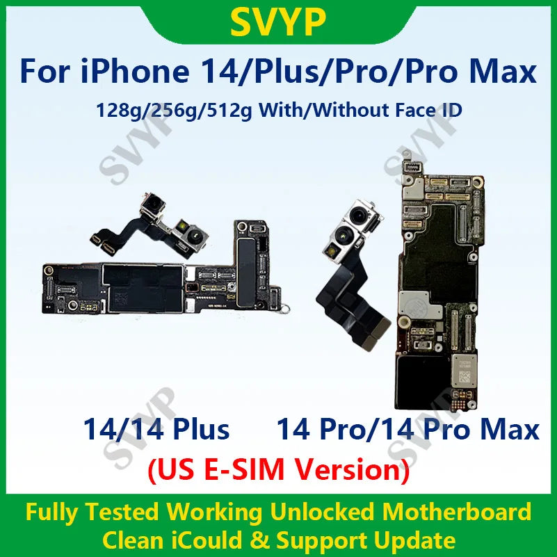 100%Working Fully Tested Mainboard For iPhone 14 Pro Max Unlocked Motherboard With Face ID Cleaned iCloud US E-SIM Version