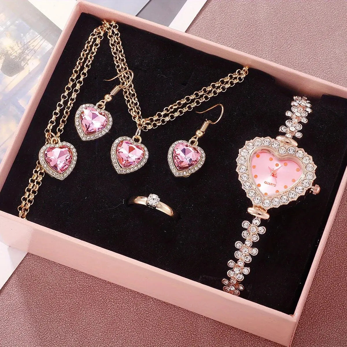 6pcs Women's Watch Rhinestone Heart Pointer Quartz Watch Cute Bracelet Wrist Watch & Jewelry Set, Gift For Her