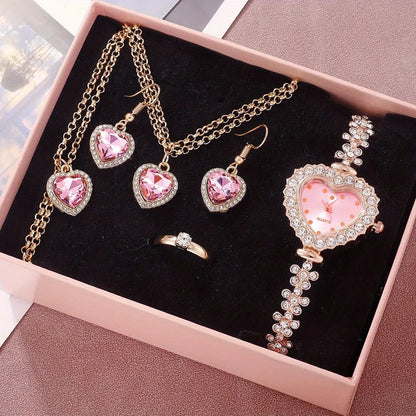 6pcs Women's Watch Rhinestone Heart Pointer Quartz Watch Cute Bracelet Wrist Watch & Jewelry Set, Gift For Her