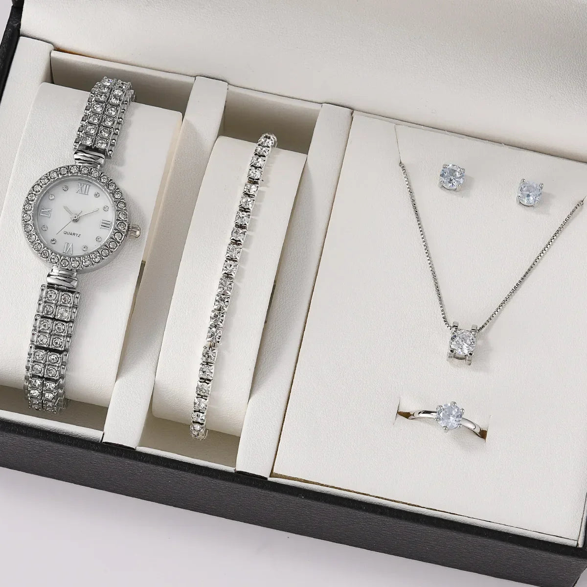 6pcs/set Jewelry Sets Women Quartz Watch Luxury with Stainless Steel Strap Clock Rhinestone Ring Necklace Earrings (no Box)